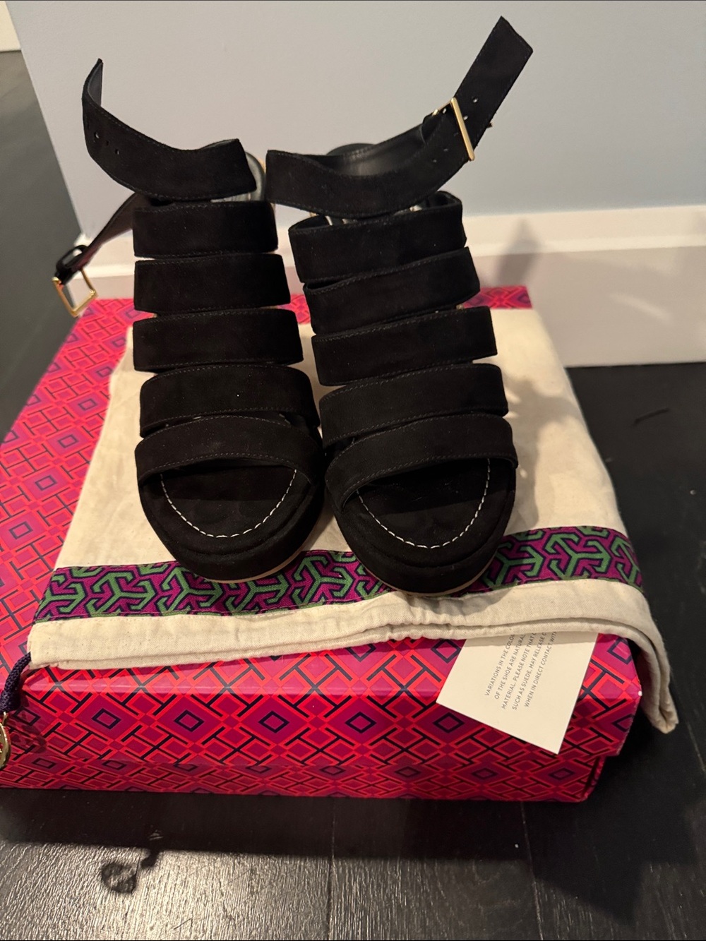 Tory Burch Black Suede Espadrille Wedge Sandals with Gold Logo - Picture 3 of 12